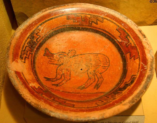 Mayan pottery plate (600-900) with peccary prob. from Campeche, Mexico at San Diego Museum of Man. San Diego, CA.