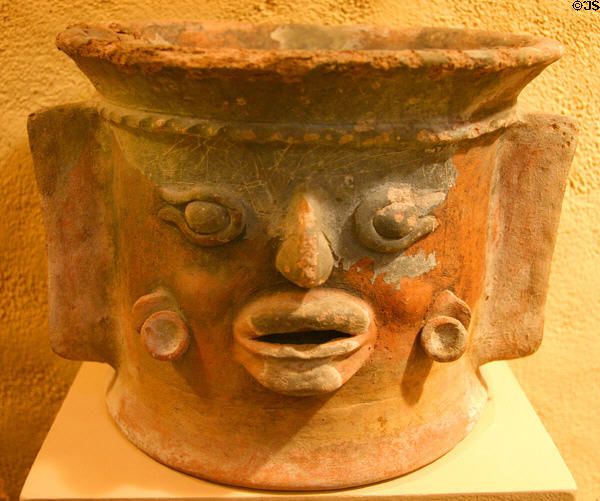Mayan pottery incense burner with face (250-900) from Highland Guatemala at San Diego Museum of Man. San Diego, CA.