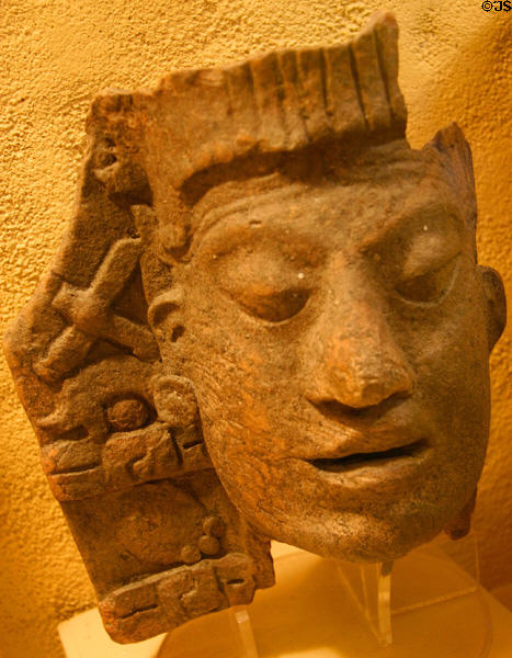 Mayan incense burner fragment with royal figure (600-900) from Palenque, Mexico at San Diego Museum of Man. San Diego, CA.