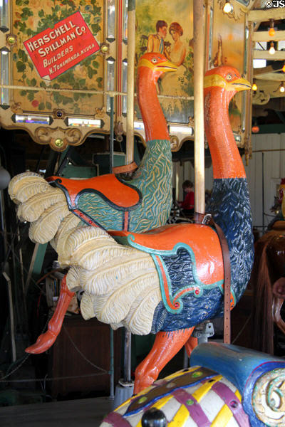 Carved ostriches at Balboa Park Carousel. San Diego, CA.