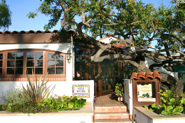 Spanish colonial style restaurant building off Country Squire Courtyard. Rancho Santa Fe, CA.