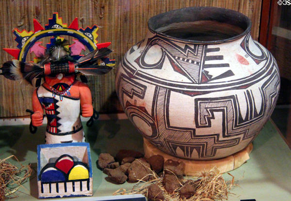 Hopi Butterfly Maiden Kachina doll from AZ & Santo Domingo ceramic pot from, NM at Seeley Stable Museum in Old Town. San Diego, CA.
