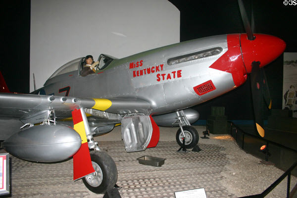 North American P-51D Mustang (1945) fighter in colors of Tuskegee Airmen at San Diego Aerospace Museum. San Diego, CA.