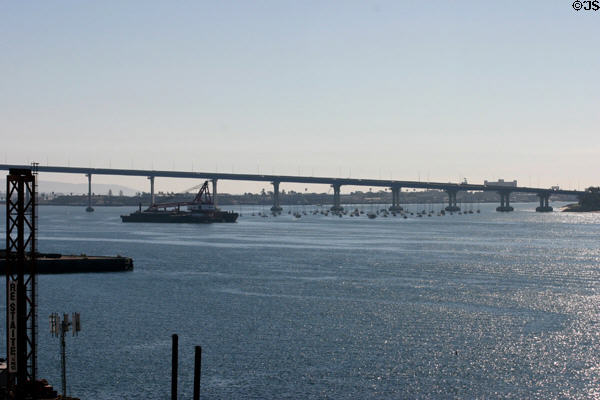 Coronado Bridge curves onto Coronado Island. San Diego, CA.