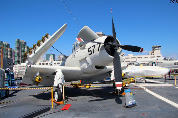 Douglas A-1 Skyraider attack propeller plane (early 1950s) aboard Midway carrier museum. San Diego, CA.
