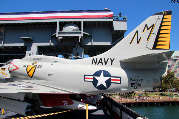 Tail of Douglas A-4 Skyhawk jet carrier-based attack bomber (1956) at Midway aircraft carrier museum. San Diego, CA.