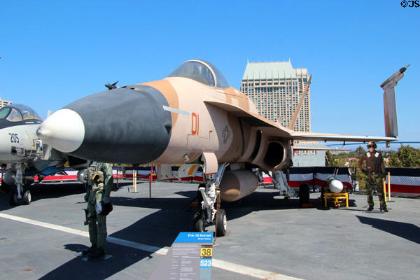 Boeing F/A-18 Hornet jet strike fighter aboard Midway carrier museum. San Diego, CA.