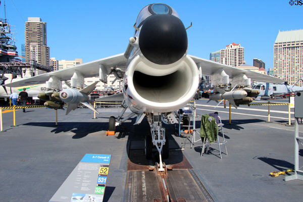 Ling-Temco-Vought A-7 Corsair II attack bomber jet (1967-91) aboard Midway carrier museum. San Diego, CA.