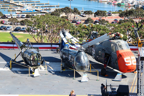 Carrier Helicopters: HOS3, HUP Retriever & H-34 Seabat Helicopters aboard Midway carrier museum. San Diego, CA.
