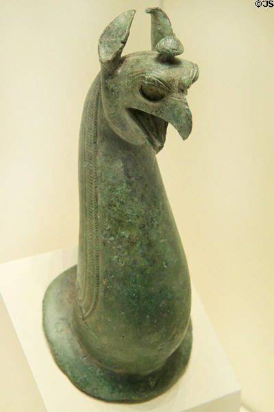 Greek bronze Griffin head once a cauldron decoration (c650 BCE) at Getty Museum Villa. Malibu, CA.