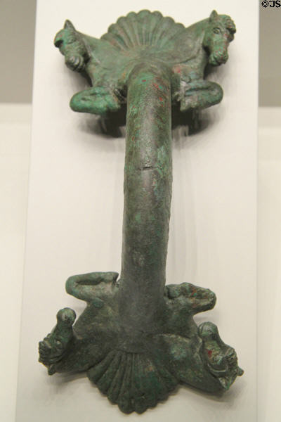 Greek bronze handle with horses from water jar (550-525 BCE) from Southern Italy at Getty Museum Villa. Malibu, CA.
