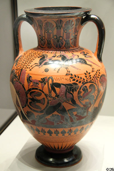 Greek terracotta black-figure amphora with Diomedes & Odysseus (c540 BCE) from Southern Italy at Getty Museum Villa. Malibu, CA.