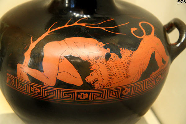 Greek terracotta red-figure water jar with Herakles fighting Nemean Lion (c470 BCE) from Athens at Getty Museum Villa. Malibu, CA.