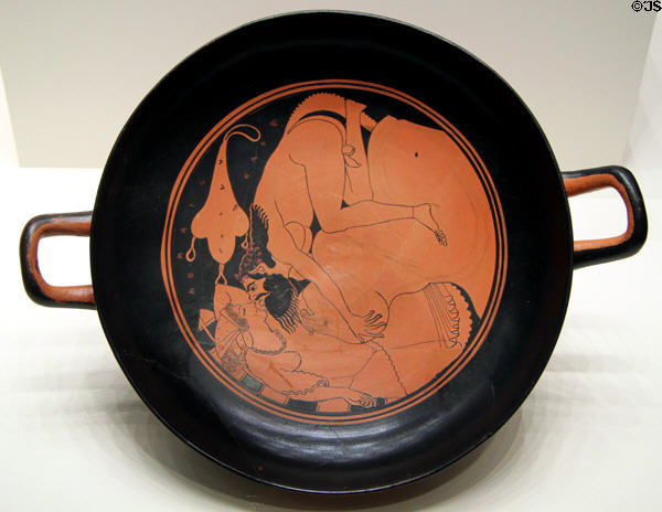 Greek terracotta red-figure wine cup (kylix) with Satyr & Nymph (c500-490 BCE) from Athens at Getty Museum Villa. Malibu, CA.
