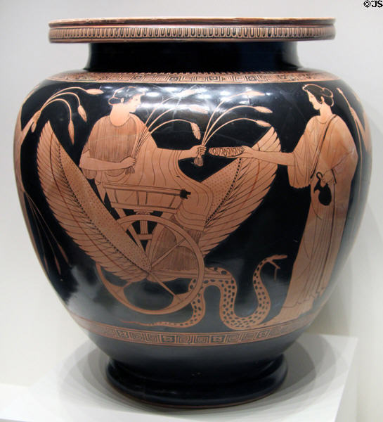 Greek terracotta red-figure mixing vessel (dinos) with Triptolemos on snake-drawn chariot & Persephone (c470 BCE) from Athens at Getty Museum Villa. Malibu, CA.