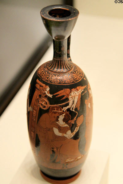 Greek terracotta red-figure oil jar (lekythos) with Helen of Troy & Paris (c420-400 BCE) from Athens at Getty Museum Villa. Malibu, CA.