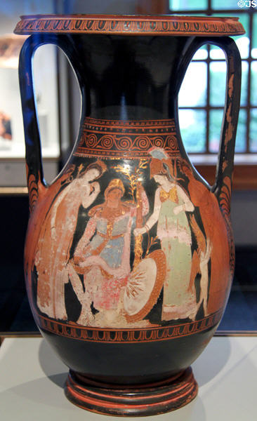 Greek terracotta red-figure & gold pigment storage jar with Judgment of Paris (c360 BCE) from Athens at Getty Museum Villa. Malibu, CA.
