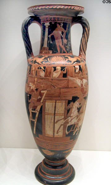 Greek terracotta red-figure storage jar (amphora) with an episode from Seven against Thebes (340 BCE) from Campania, Italy at Getty Museum Villa. Malibu, CA.
