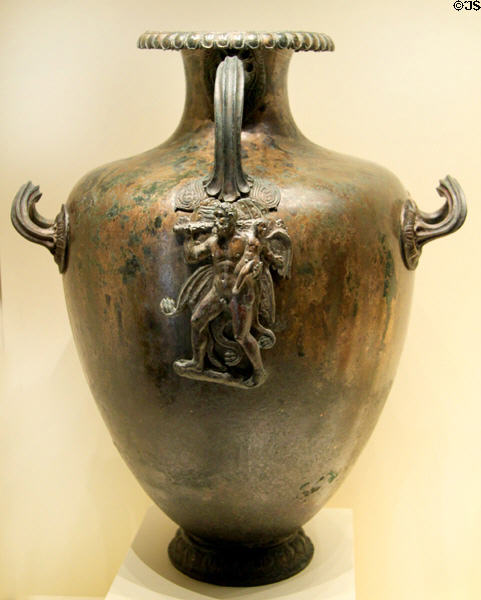 Greek bronze water jar (Kalpis) with Herakles & Eros (c350 BCE) at Getty Museum Villa. Malibu, CA.