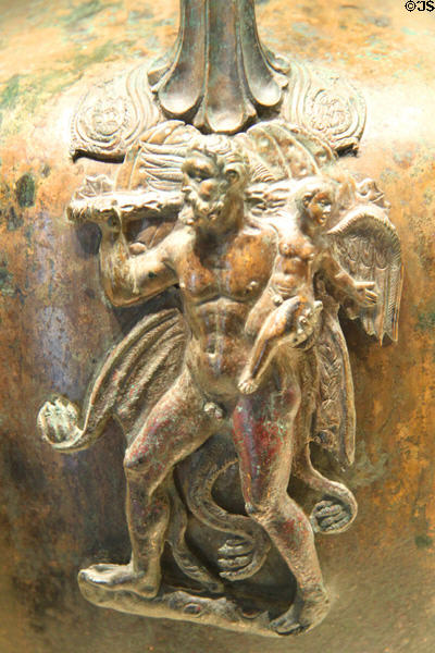 Detail of Herakles & Eros on Greek bronze water jar (Kalpis) (c350 BCE) at Getty Museum Villa. Malibu, CA.