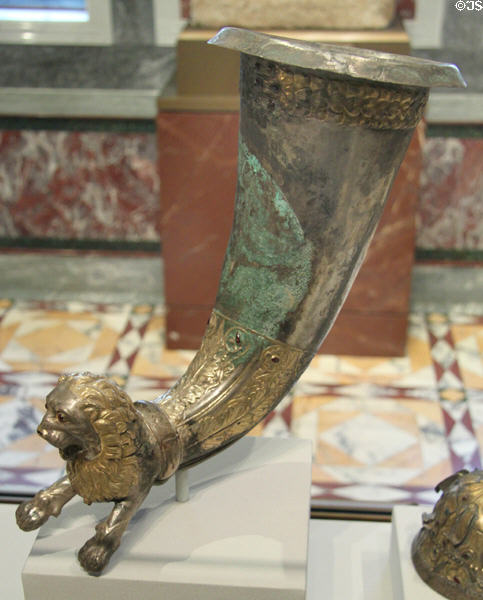 Parthian silver, gold & garnet spouted horn (rhyton) with lion (100-1 BCE) at Getty Museum Villa. Malibu, CA.