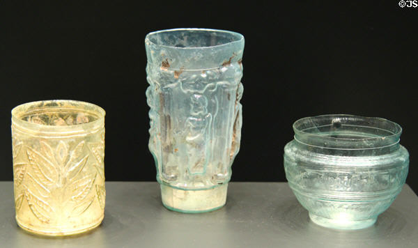 Roman mold-blown glass cups & beakers with designs (1-75 CE) at Getty Museum Villa. Malibu, CA.