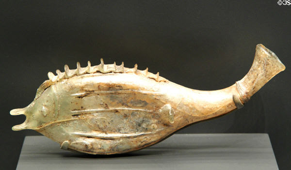 Roman blown glass fish-shaped flask (200-300 CE) at Getty Museum Villa. Malibu, CA.