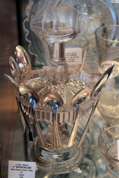 Glass spoon holder in Jumbo elephant style (1884) by Aetna Glass or Canton Glass Cos. at Historical Glass Museum. Redlands, CA.