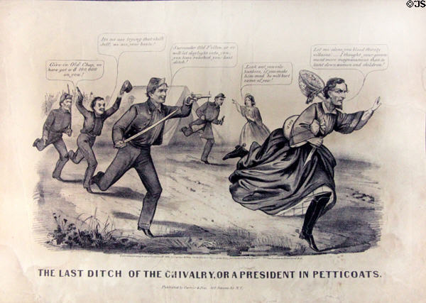 Confederate President Jefferson Davis attempting to flee dressed in women's clothing graphic (1865) by Currier & Ives at Lincoln Shrine. Redlands, CA.