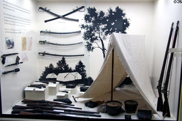 Civil War arms & tent at Riverside Museum. Riverside, CA.