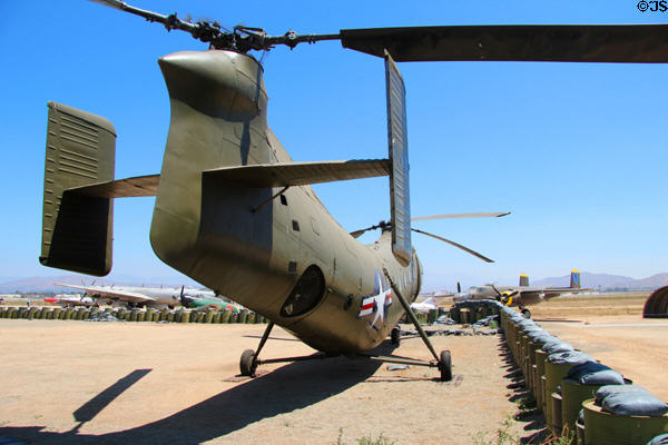 Piasecki H-21B Shawnee Workhorse helicopter in Vietnam-era replica Fire Base Romeo Charlie at March Field Air Museum. Riverside, CA.