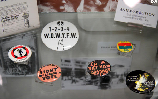 Peace buttons protesting Vietnam War (1962-71) at March Field Air Museum. Riverside, CA.