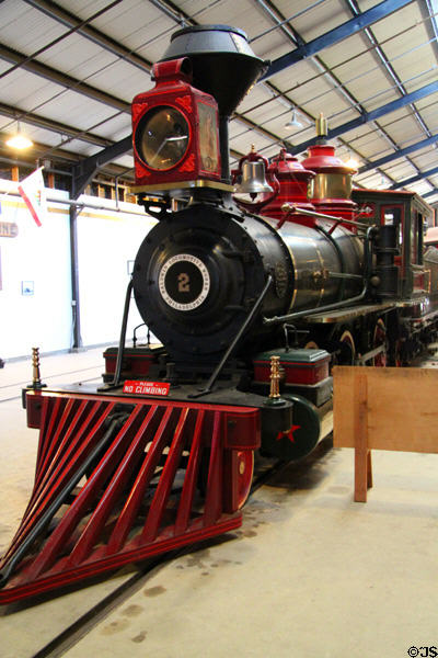 Nose, lantern & cowcatcher of Grizzly Flats narrow gauge steam locomotive #2 (1881) at Orange Empire Railway Museum. Perris, CA.