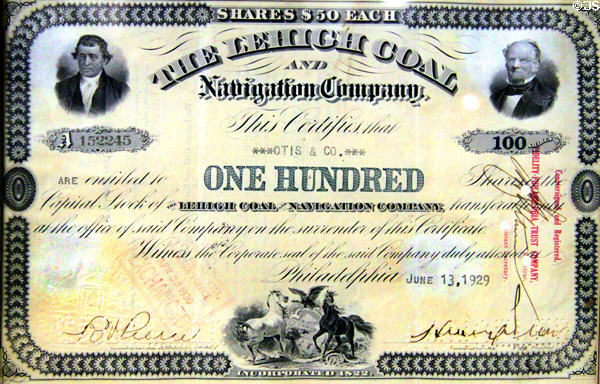 Lehigh Coal & Navigation Co. stock certificate (1929) at Orange Empire Railway Museum. Perris, CA.