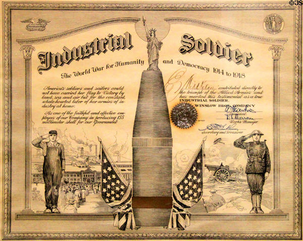 Industrial Soldier certificate (1914-18) recognizes those who worked in WW I factories at Orange Empire Railway Museum. Perris, CA.