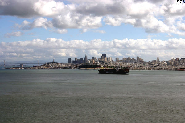 Skyline of northern coast & Oakland Bay Bridge seen from Marin County. San Francisco, CA.