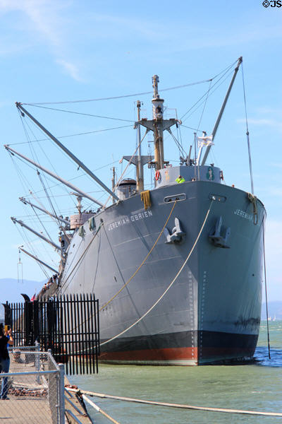 Armed historical National Memorial Liberty Ship Jeremiah O'Brien at Fishermans Wharf. San Francisco, CA. On National Register.