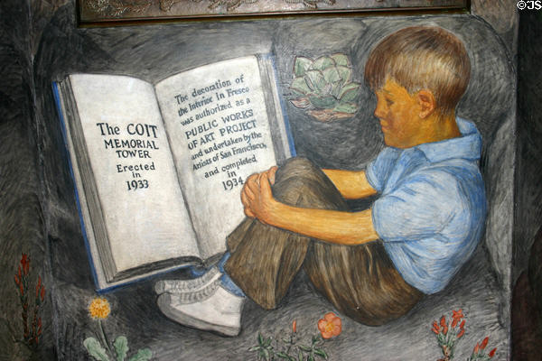Fresco crediting Public Works of Art Project (1934) murals in lobby of Coit Tower paid for by U.S. government as Depression relief project under the direction of Dr. Walter Heil & employing 25 of region's best artists. San Francisco, CA.