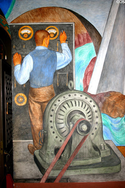 Electricity & motor machine force mural by Ray Boynton (1934) in Coit Tower. San Francisco, CA.