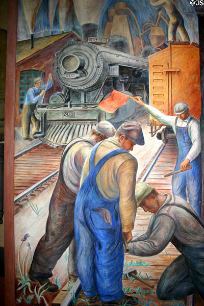 Railroad yard mural by William Hestal (1934) in Coit Tower. San Francisco, CA.