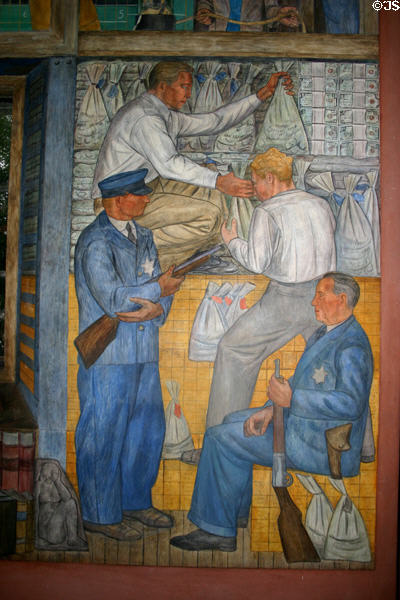 Banking clerks handling money mural by George Harris (1934) in Coit Tower. San Francisco, CA.