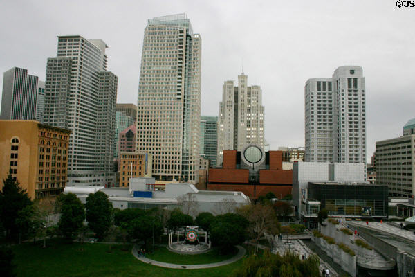 Museum of Modern Art & skyscrapers beyond: Paramount, St. Regis, Pacific Telephone & unknown building over Yerba Buena Gardens. San Francisco, CA.