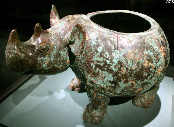 Bronze ritual wine vessel in form of rhinoceros (c1100-1050 BCE) from China at Asian Art Museum. San Francisco, CA.