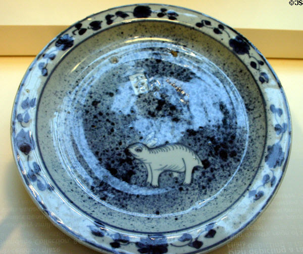 China: Ming dynasty dish with rabbit (1621-7) in Asian Art Museum. San Francisco, CA.