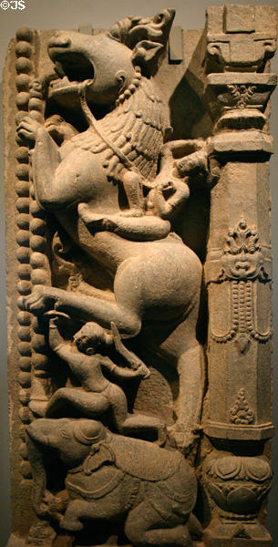 India: schist section of throne with horse & elephant from Bihar (900-1100) in Asian Art Museum. San Francisco, CA.