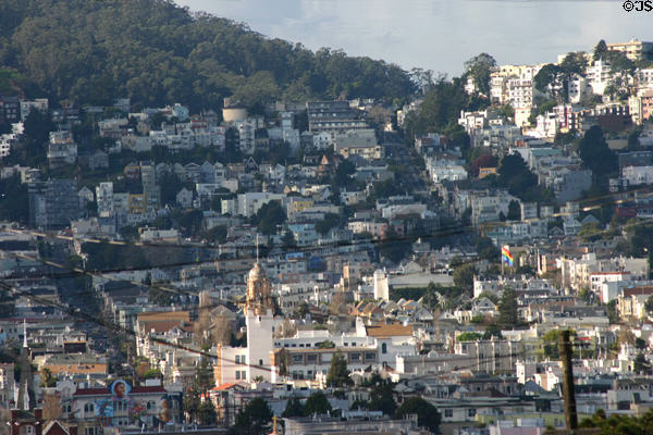 View of Mission District with Mission High School tower a prominent feature. San Francisco, CA.