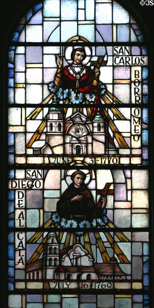 San Carlos Borromeo & San Diego de Alcala missions in stained glass at Mission Dolores. San Francisco, CA.