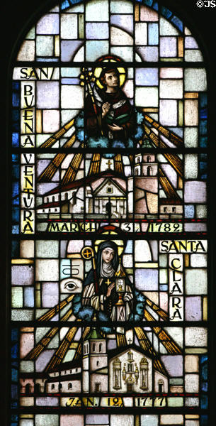 San Buenaventura & Santa Clara missions in stained glass at Mission Dolores. San Francisco, CA.