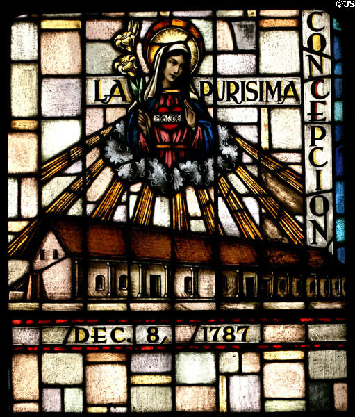 La Purisima Concepcion mission in stained glass at Mission Dolores. San Francisco, CA.