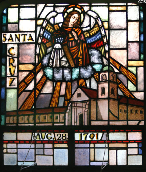 Santa Cruz mission in stained glass at Mission Dolores. San Francisco, CA.